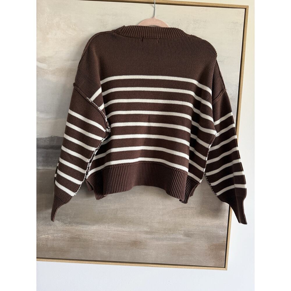 Zenana Women’s Striped Rib-Knit Exposed Seam Oversized Sweater Brown S/M - Picture 2 of 5